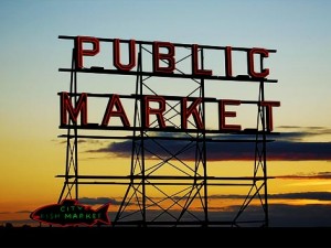 seattle public market sign sunset